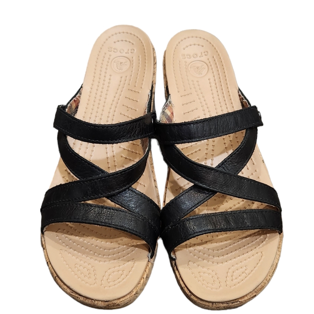 Crocs Cork Wedge Sandals Leather Shoes Heels Open Toe Slip On Strappy Black 8W
